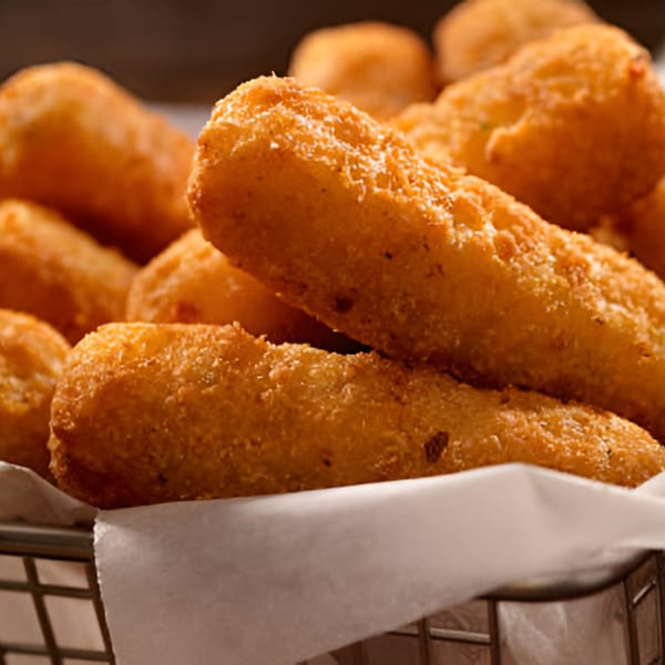 Close-up of golden-brown fried mozzarella sticks in a metal basket lined with white paper.