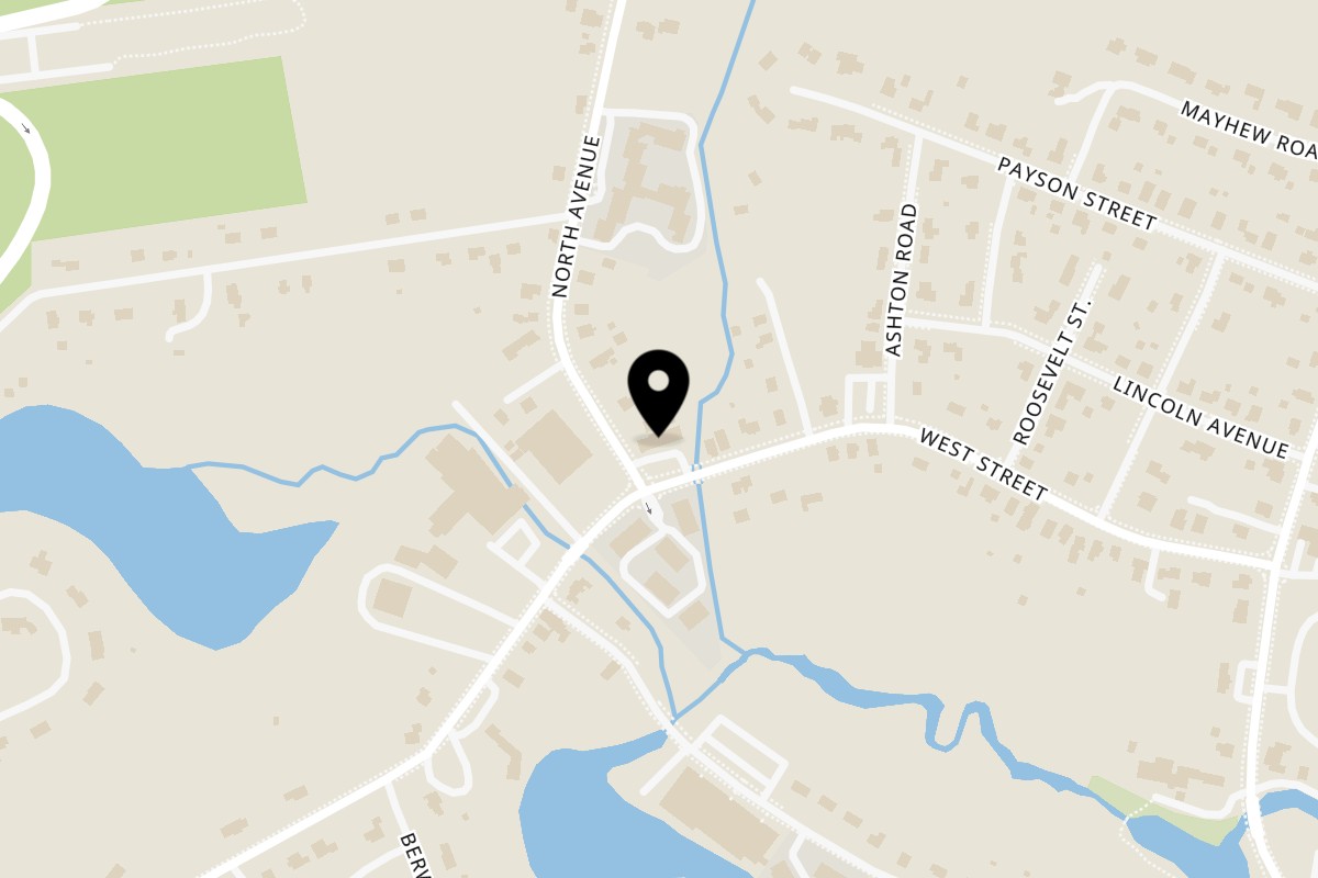 Map showing the location of Apollon Roast Beef & Pizza on 1 North Avenue in Attleboro